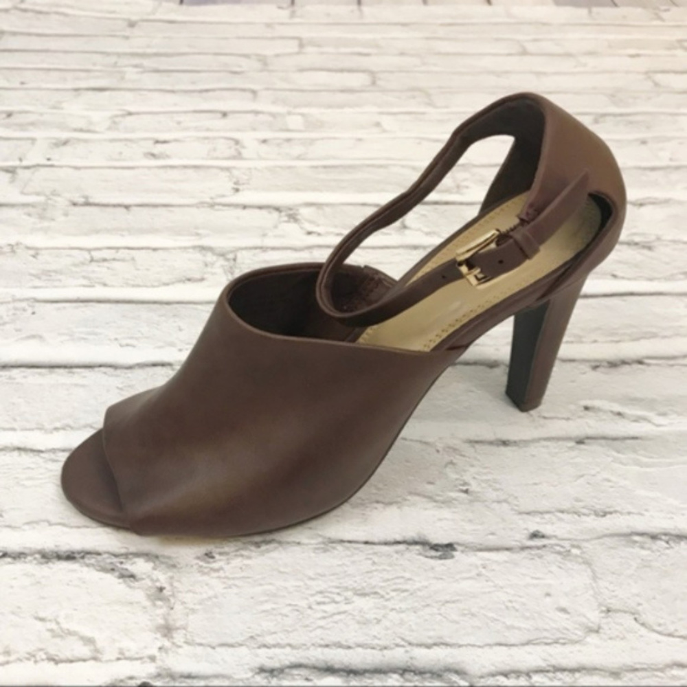 CATO Brown Faux Leather Ankle Strap Peep Toe Heel